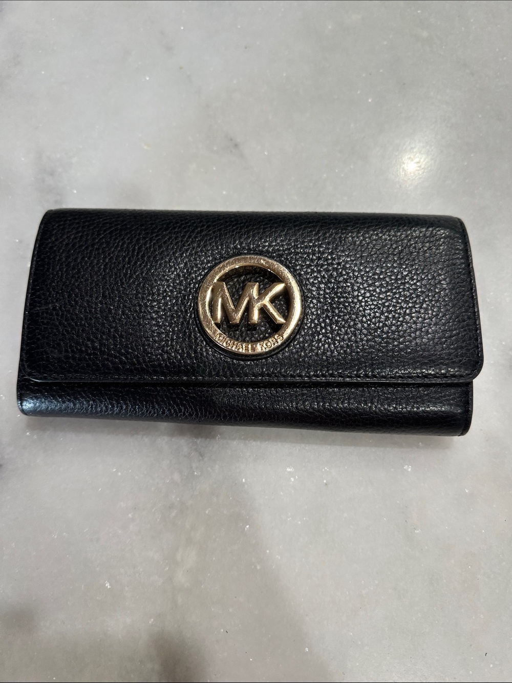 Michael Kors Black Pebbled Leather Continental Wallet with Gold MK Emblem